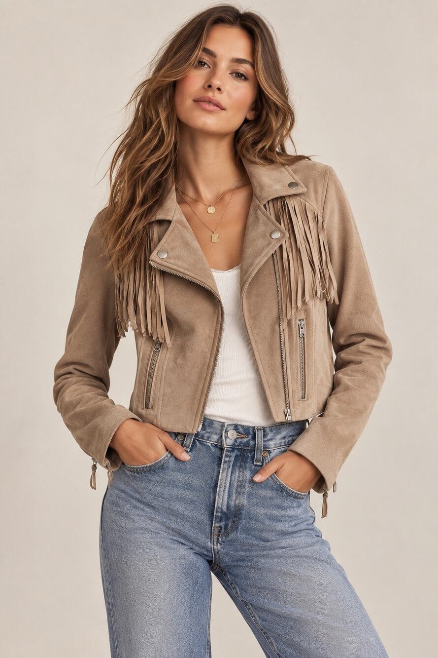 Abercrombie & Fitch Faux Suede Fringe Moto Jacket Taupe Medium